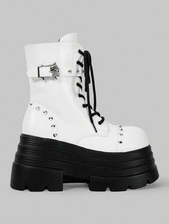 Grunge Punk Women's Multi-Layer Platform Round Toe Dark Punk PU Black Mid-Calf Boots, Everyday Street Punk Campus Style