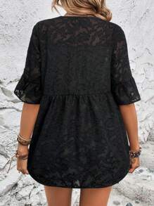 SHEIN LUNE Women Lace Black Short Sleeve Blouse Black Beach Cover Up Lace Kimono Black Summer Top Black Cover Up Black Bathing Suit Cover Up - Black - View 2