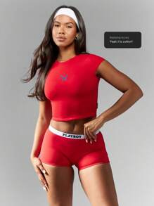 Missguided x Playboy Christmas Baby Tee Crop Top Athletic Dance Workout Gym Training Lounge Summer Basic Comfortable - Red - View 6