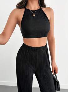 SHEIN Tall Ensemble coordonné de lounge froissé chic pour fille avec un top court à col montant et un pantalon ample. Ensemble deux-pièces en tissu pour femmes avec un Top et un pantalon à jambe large. Décontracté, élégant, pour un rendez-vous, un week-end de luxe