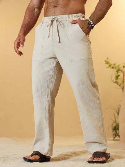 Manfinity RSRT Men's Solid Color Casual Cotton Linen Drawstring Pants Linen, Fall