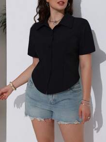 SHEIN EZwear 大尺碼女士短袖襯衫 - 黑色 - 查看 5