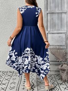 EMERY ROSE MAXI WOMEN DRESSES Plus Size Casual Knit Jacquard Print Round Neck Body Fitted Asymmetrical Hem Sleeveless Dress For Summer - Royal Blue - View 2