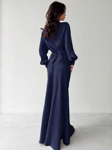 Firerie Women's Elegant Apricot Satin Asymmetric Hem Satin Skirt - Navy Blue - View 2