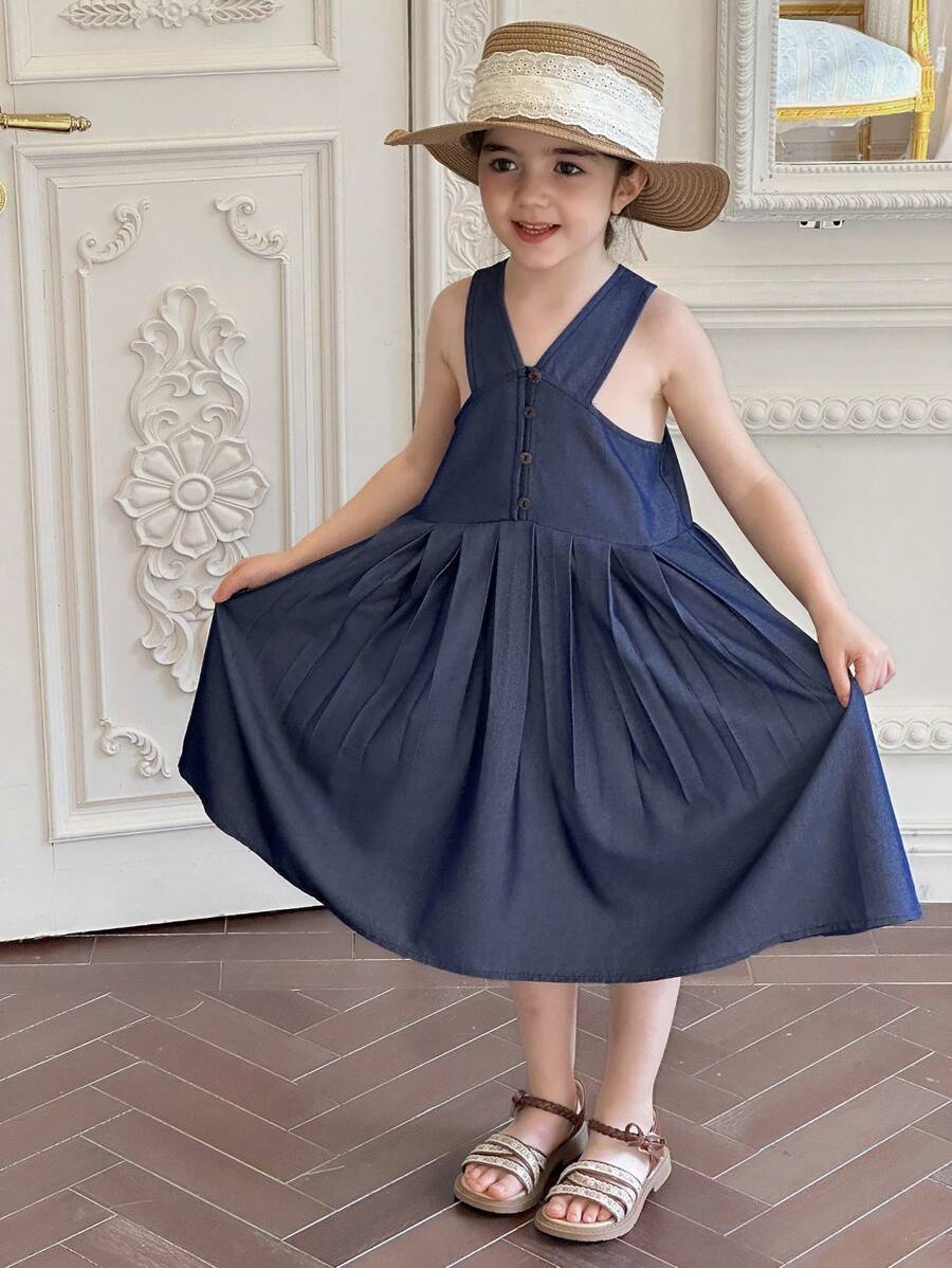 DAZY Young Girl' Casual Washed Forest Series Strap Loose Jumper Dress,Girls Summer Outfits - Navy Blue - View 1