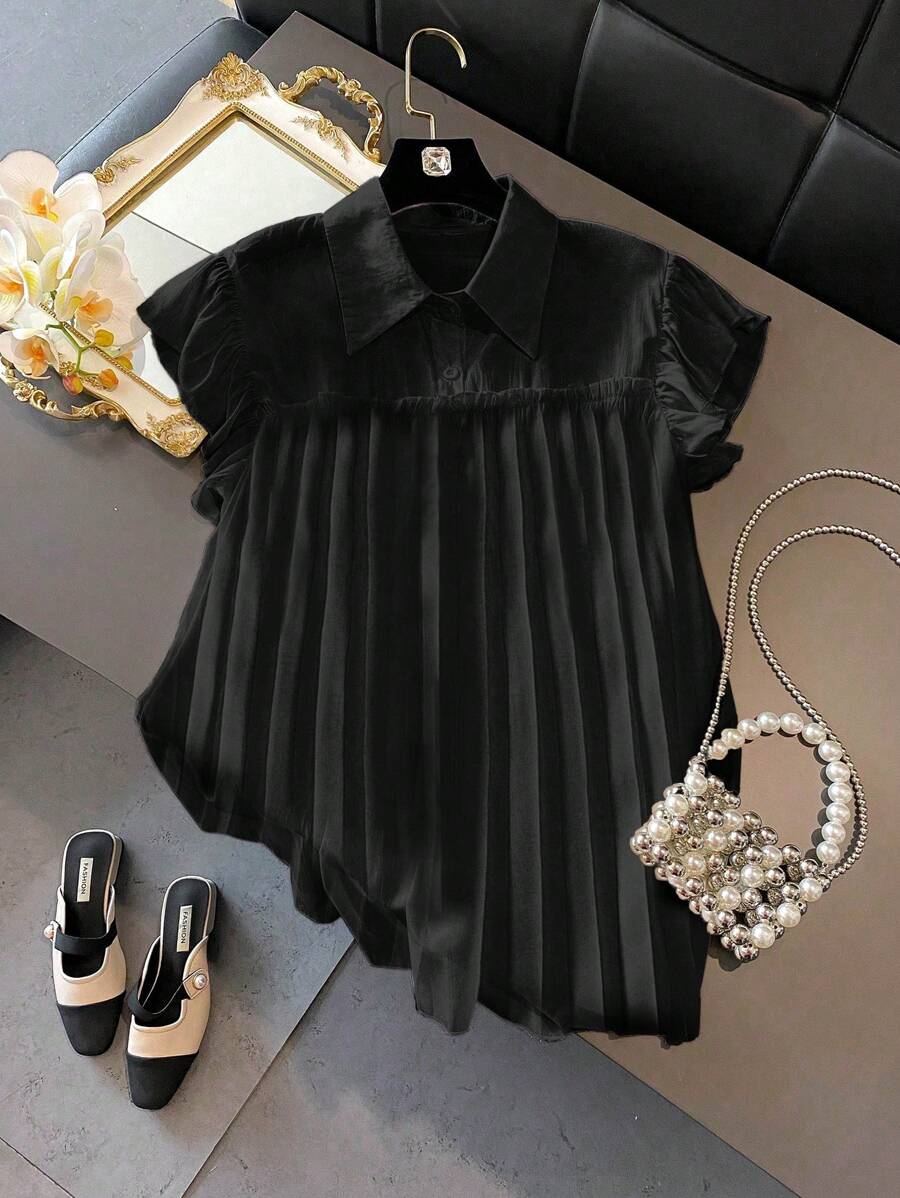 Franclia 大码都市休闲盖袖荷叶边纽扣女式衬衫 - 黑色 - 查看 1