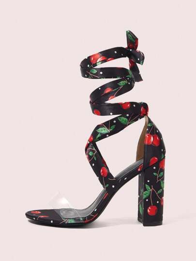 CUCCOO DOLLMOD Sandalias romanas con tacón grueso de lona negra cereza y correas de contraste de satén, elegantes, casuales y apropiadas para el trabajo de las mujeres