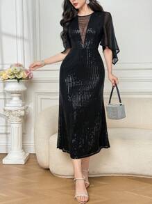 Joudiya Women's Solid Color Sequin Contrast Mesh Ruffle Trim Long Dress