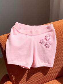 Comfortcana Solid Color Sweater With 3D Flower Decor And Shorts - Pink - View 5