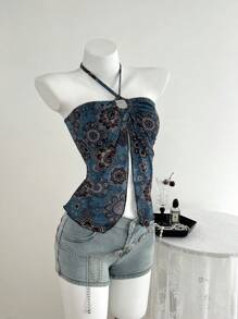 Elamini Maiou de damă cu imprimeu floral albastru vintage, cu guler halter, stil vacanță de primăvară/vară - Multicolor - Vizualizare 5
