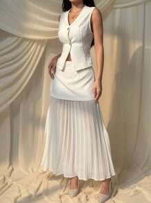 SHEIN EZwear 优雅女士白色两件套梭织面料无袖 V 领褶饰上衣和褶皱中长裙套装常规长度 - 米色 - 查看 7