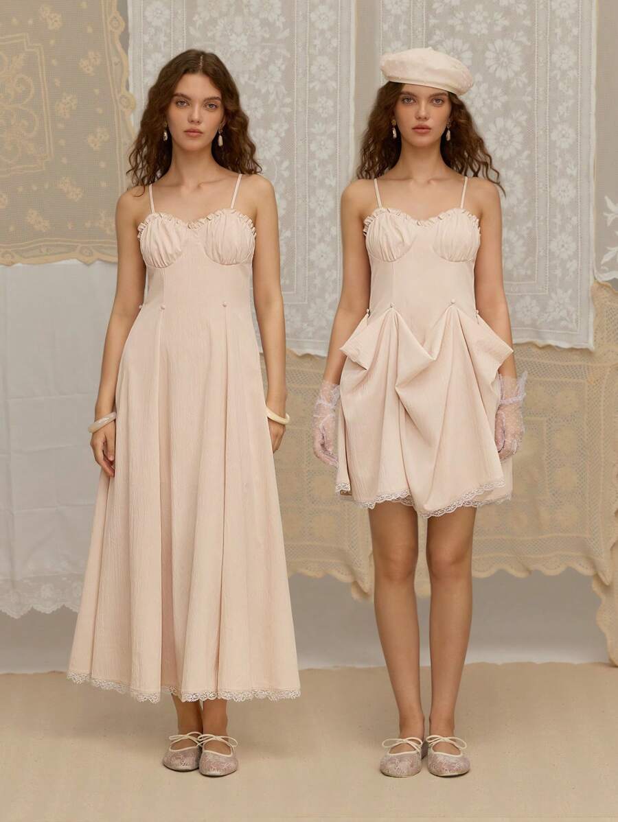 SHEIN MOD Elegantes Spaghettiträgerkleid mit einfarbigen Rüschen für Damen, Urlaubsoutfits für Damen, Strandoutfits für Damen, romantisches Date, zwei Tragemöglichkeiten, 2 in 1, einfarbiges Kleid mit Taillenabschluss,