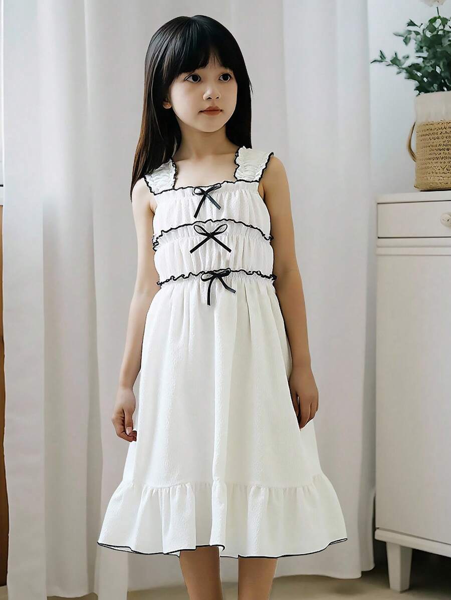 女孩甜美时尚优雅无袖腰高纹理面料蝴蝶结撞色中长连衣裙 - 白色 - 查看 1
