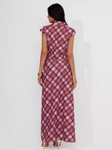 Roylia Women's Elegant School Plaid Pattern Cap Sleeve Collared Short Top And Self-Tie Waist Skirt Set - Pink - View 2