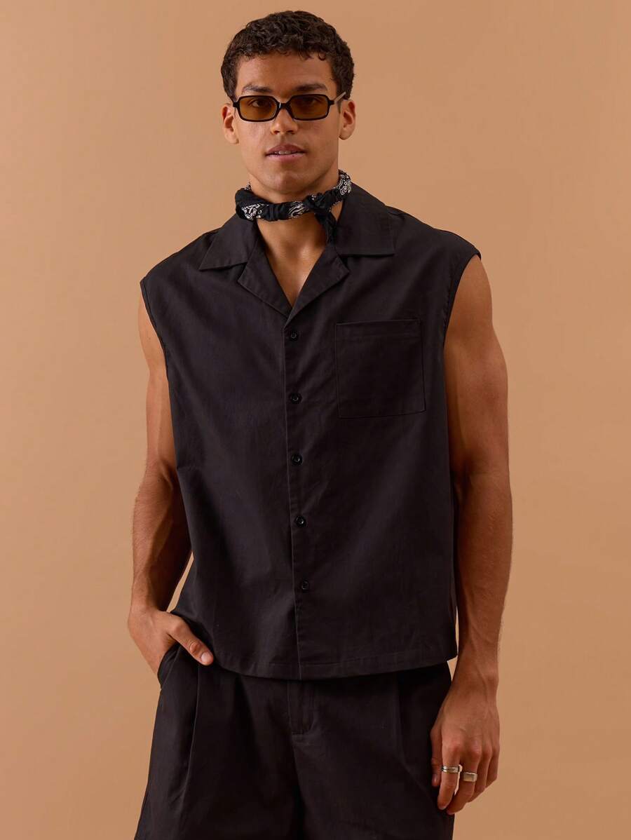 Musero Męska koszula bez rękawów zapinana na guziki Wiosna, Lato, Święta, Urlop - Czarne - Zobacz 1