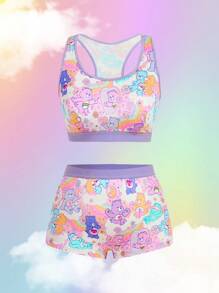 SHEIN X Care Bears 加大码卡通熊印花工字背心内衣套装 - 淡紫色 - 查看 1