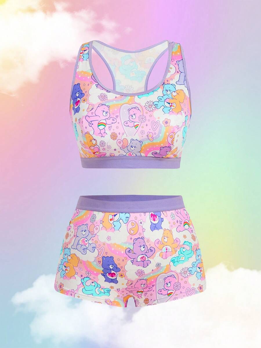 SHEIN X Care Bears 加大码卡通熊印花工字背心内衣套装 - 淡紫色 - 查看 1