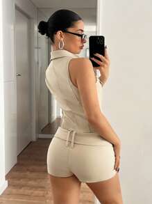 SHEIN ICON Summer Halter Women's Solid Color Zipper Front Sleeveless Jumpsuit Romper - Apricot - View 2