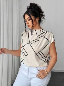 Elenzga Plus Size Women's Summer Asymmetrical Stripe Geometric Print Casual Sleeveless Stand Collar Loose Shirt Women Summer Clothing Summer Clothes Women Clothes Tops For Women Elegant Women Summer Shirts Women Plus Clothing Formal Women Plus Clothing Business Casual Tops For Women Women Blouses Elegant Shirts For Women Elegant - Apricot - View 4
