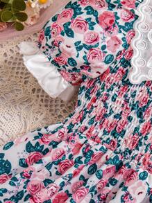 年轻女孩碎花泡泡袖刺绣荷叶边领公主裙，适合夏季度假，乡村风格 - 彩色 - 查看 5