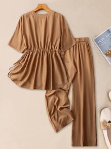Bộ 2 áo thun trơn màu trơn cỡ lớn và quần dài thường ngày cho nữ - Màu Khaki - Xem 3