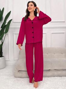 طقم بيجامة طويل مصنوع من الأكريليك بلون وردي فاتح مع طوق وتشطيب متباين للنساء، طقم بيجامة مصنوع من الأكريليك، ملابس خريفية