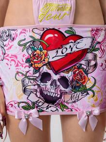 ROMWE Avant Conjunto de 2 piezas de top de bikini estilo retro Y2K Babe Punk + falda de vendaje con estampado de calavera, atuendo para rave - Rosa - Ver 2