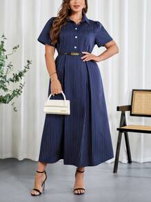 SHEIN Clasi Plus Size Women Navy Blue Striped Collared Short Sleeve A-Line Work Commute Dress,4th Of July Dress,4th Of July Outfits,Professional Women Clothes,Summer Outfits For Women,Summer Dresses For Women, ,Graduation Dress 4th Of July Dress,Summer Dresses,Elegant Dresses For Women,Modest Dresses For Women,Dresses For Women Party,Semi Formal Dress Women,Vacation Outfits Woman,Navy Blue Dress Women, Holiday Outfits,Office Outfits For Women,