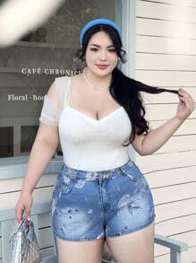 SHEIN ICON 夏季大码女式街头风印花牛仔短裤 - 中等水洗藍 - 查看 2