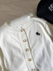 Comfortcana Cardigan bianco corto con maniche corte e bottoni ricamati per donna