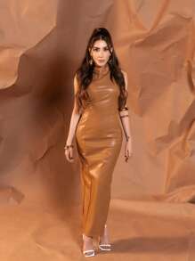SHEIN X LOS FAVORITOS DE KARIME PINDTER MISSGUIDED Robe de soirée élégante en faux à encolure ras-du-cou, longueur mi-mollet. Robe de cérémonie formelle à col montant, moulante, pour les fêtes. Robe de mariée invité, longue, pour l'hiver et l'automne. - Tabac - Voir 1