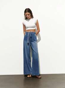 Lumivelle Women's Denim Straight-Leg Pants With Belt, Fashion For Summer - Medium Wash - View 7