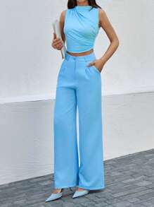 EURMUSE Solid Color Pleated Wide-Leg Dress Pants - Baby Blue - View 3
