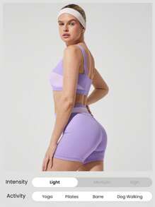 GLOWMODE 4.3" FeatherFit™ Winning Streak Sweat Wicking Buttery Soft Stretchy Anti-Slip Colorblock Waist Biker Shorts Low Impact Yoga Pilates Barre Studio Daily Casual Wear - Lilac Purple - View 6
