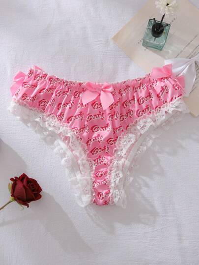 Tween Girl Playful, Quirky "Beauty Satin'" Floral Lace Ruffle Trim, Bow Layered, Exaggerated Style Triangle Panties, Pink & White, Girls Ruffle Panties Frilly Panties Lace Panties Kawaii Panties Cute Panties For Women