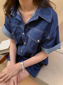 DAZY 女式深色水洗牛仔翻领仿口袋短袖宽松牛仔衬衫和松紧腰牛仔短裤两件套秋冬 - 深色水洗藍 - 查看 4