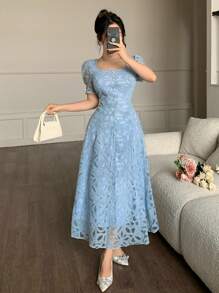 Modelyn 女式法式蕾丝优雅束腰连衣裙 - 藍色 - 查看 3