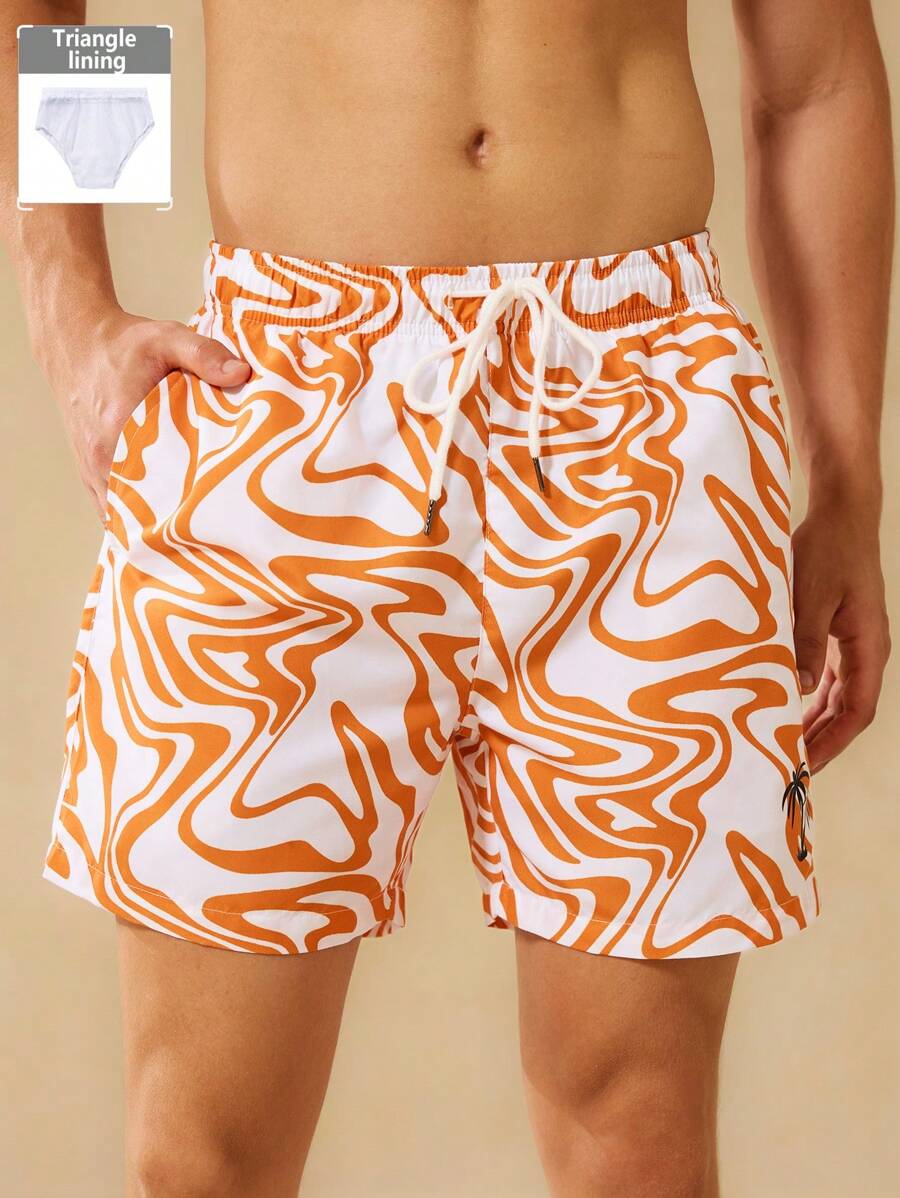 Surfspeed Men's All-Over Print Pocket Drawstring Waist Beach Shorts, Suitable For Summer, Hawaiian - Camel - View 1