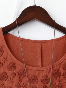 Linhara Women Plus Size Plain Linen-Like Round Neck Embroidery 3/4 Sleeve Casual Blouse - Rust Brown - View 5