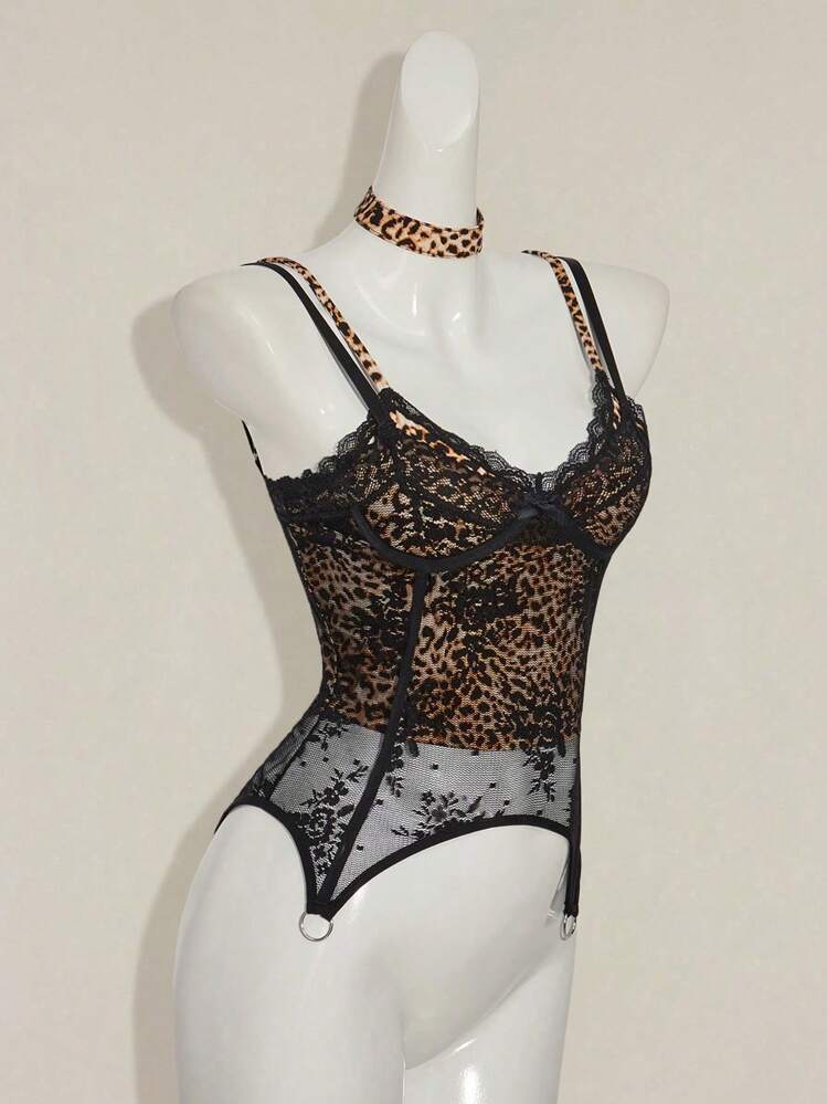 SHEIN ICON Débardeur imprimé léopard sexy avec deux pièces en dentelle transparente et garniture en dentelle, Top court risqué