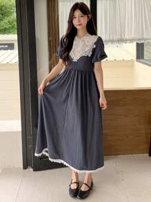 DAZY Women's Summer Lace Splice Puffed Sleeve A-Line Midi Dress, Casual And Elegant - Navy Blue - View 3