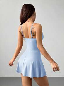 SHEIN PETITE Women's Sling A Hem Solid Color Pocketable Sports And Leisure Daily Anti-Exposure One-Piece Culottes - Blue - View 2