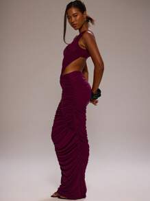 MUSERA 单肩褶皱侧镂空修身长裙，适合生日、婚礼、舞会、毕业典礼等场合，春夏度假皆宜，优雅可爱性感，波西米亚沙漠兰花长裙 - 淡紫色 - 查看 3