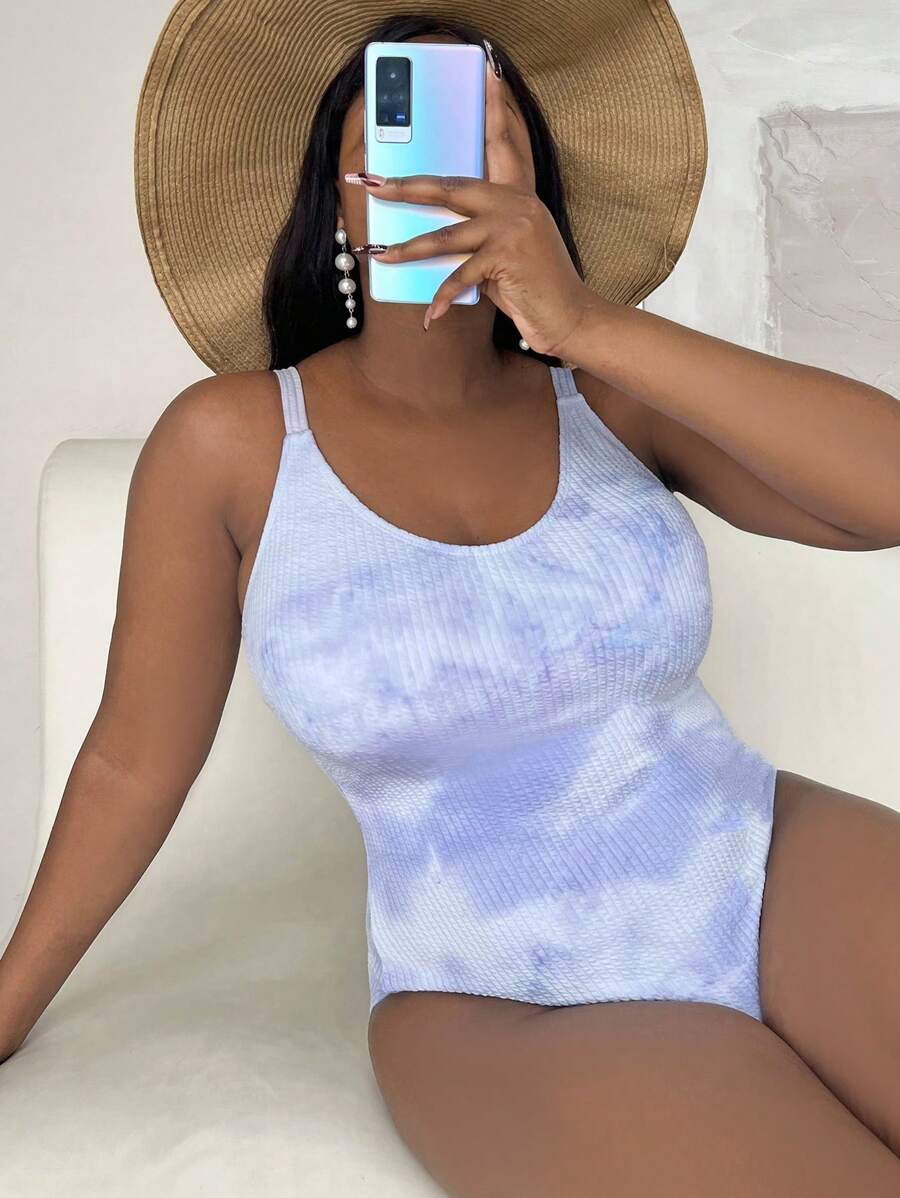 Slaydiva Plus Size Tie Dye Printed Round Neck Ribbed One-Piece Swimsuit,Summer,Bathing Suits,One Piece Bathing Suit - Mauve Purple - View 1