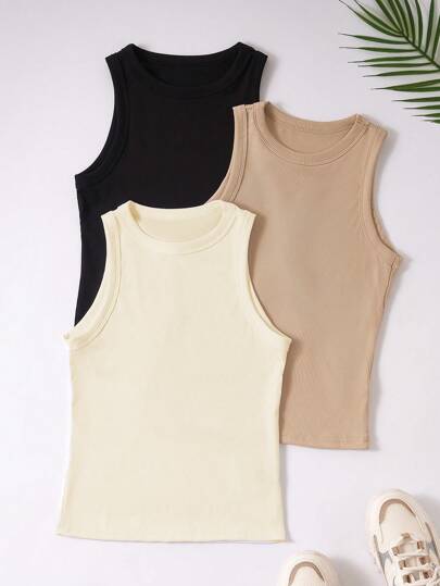 Trelyra 女式纯色圆领罗纹休闲背心，夏季，基本款上衣