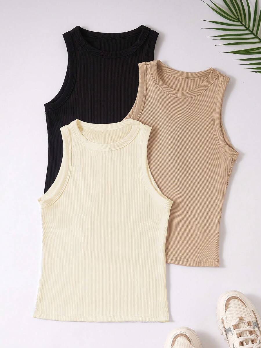 Trelyra Women's Solid Color Crew Neck Ribbed Casual Tank Top, Summer , Basic Tops - Apricot - View 1