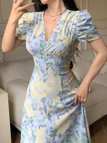 Modelyn 女士交叉领珍珠纽扣装饰泡泡袖修身连衣裙