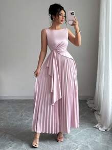 Elenzga Women's Pink Round Neck Sleeveless Ruched Waist Dress