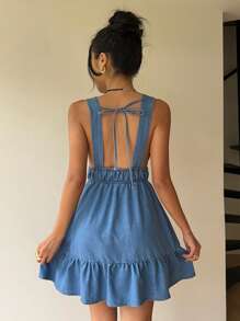 Aloruh 女士牛仔无袖迷你连衣裙，休闲修身，蓝色 - 藍色 - 查看 2