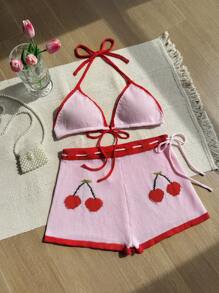 SHEIN Privé 大码樱桃印花吊带上衣和半身裙针织套装 - 粉色 - 查看 2
